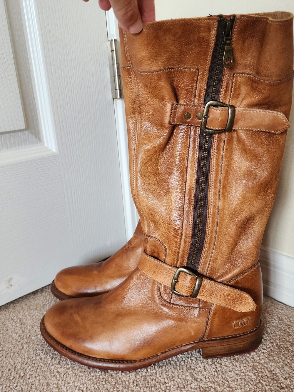 Women’s Tan Leather Mid-Calf Zip Buckle Boots